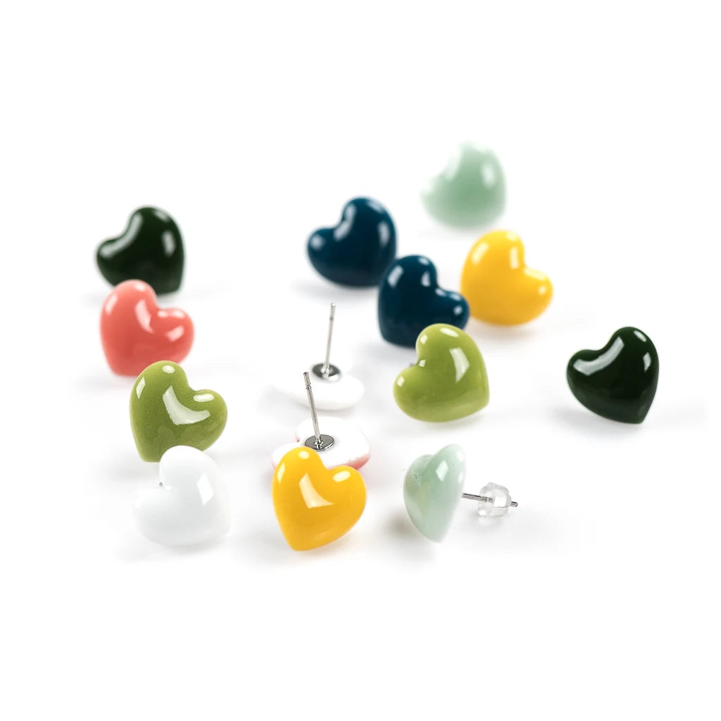 Ceramic Love Heart Stud Earrings 9 Colours
