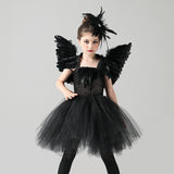 Black Swan Tulle Tutu Dress with Feather Wings and Hair Clip Halloween Costume