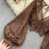 Lace Crop Top Black/White/Brown Long Lantern Sleeve