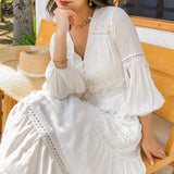 Dove's White Boho Lantern Sleeve Cotton Lace Dress