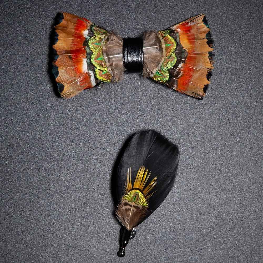 Men's Bow Tie & Pin Set Handmade Natural Feather Gift Box