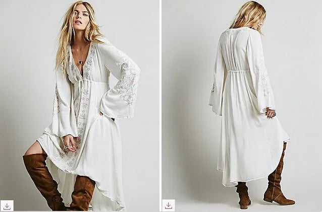 Laney's Long Sleeve Vintage Embroidered Cotton Boho Dress
