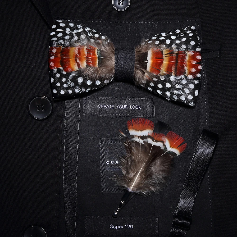 Men's Bow Tie & Pin Set Handmade Natural Feather Gift Box