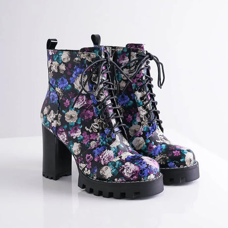 Purple Flower Print Platform Thick Heel Ankle Boots