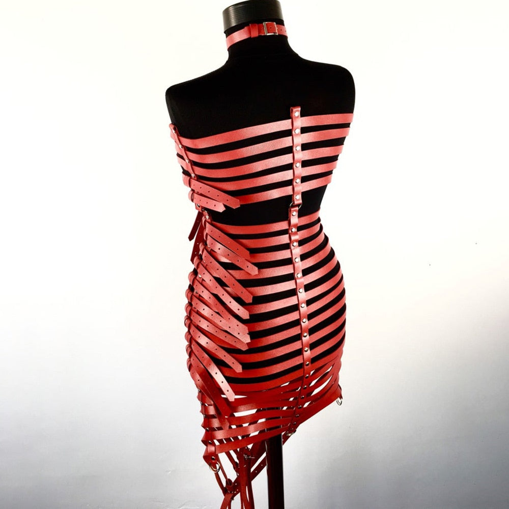 Gothic Faux Leather Long Black Strapped Corset Skirt