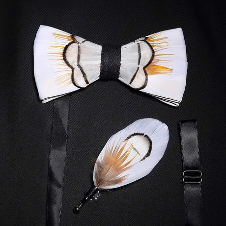 Men's Bow Tie & Pin Set Handmade Natural Feather Gift Box
