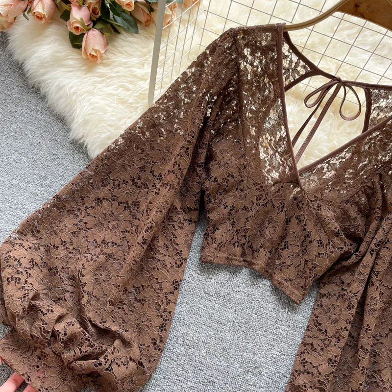 Lace Crop Top Black/White/Brown Long Lantern Sleeve