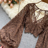 Lace Crop Top Black/White/Brown Long Lantern Sleeve