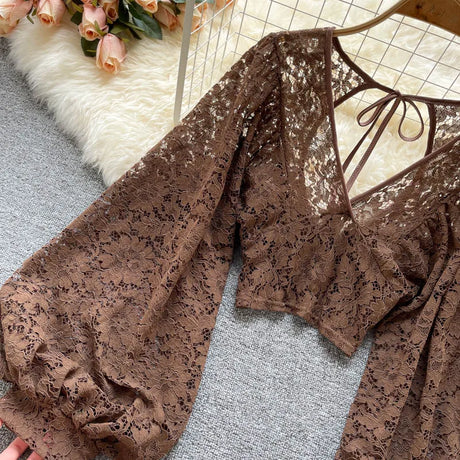 Lace Crop Top Black/White/Brown Long Lantern Sleeve