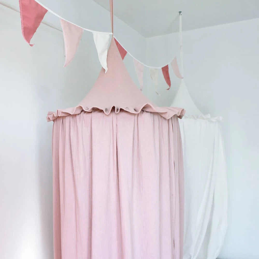 Muslin Cotton Hanging Canopy with Frills Bed Baldachin for Kids Room