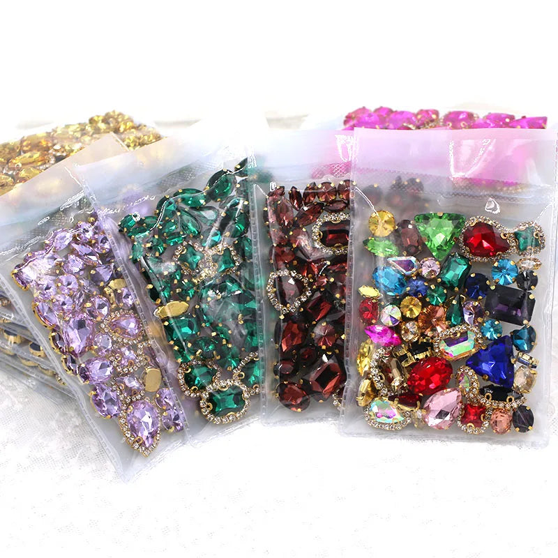 50pcs/Bag Shiny Mixed Shape Sew On Glass Rhinestone Gold Claw Crystal Buckle DIY Decoration 24 Colours