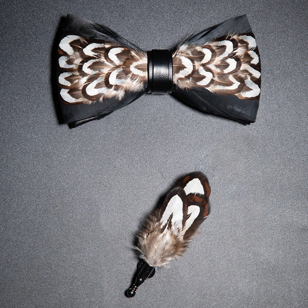 Men's Bow Tie & Pin Set Handmade Natural Feather Gift Box