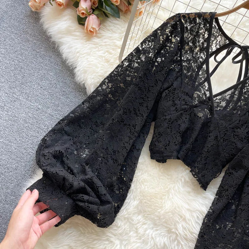 Lace Crop Top Black/White/Brown Long Lantern Sleeve