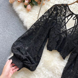 Lace Crop Top Black/White/Brown Long Lantern Sleeve