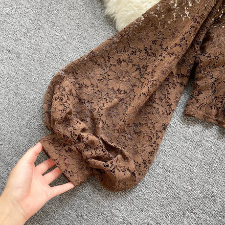 Lace Crop Top Black/White/Brown Long Lantern Sleeve