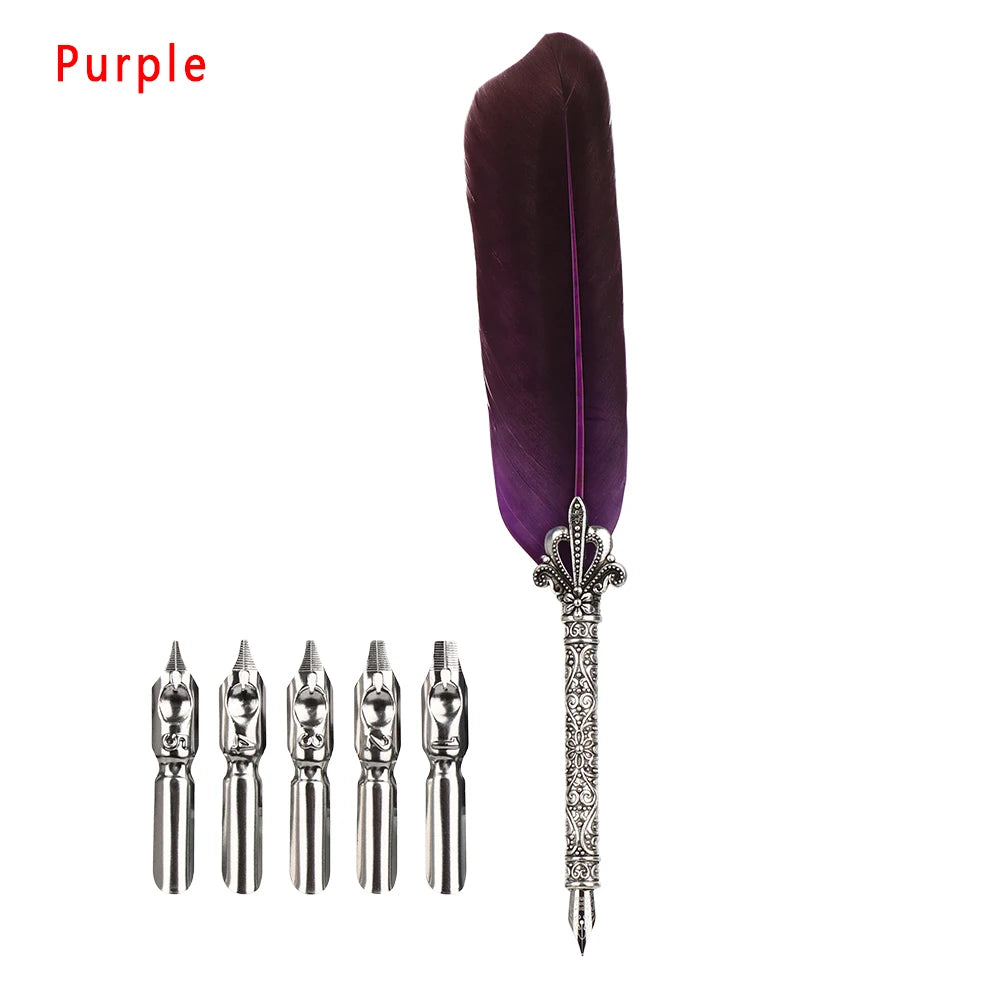 Feather Calligraphy Dip Pen Writing Set with 5 Nibs