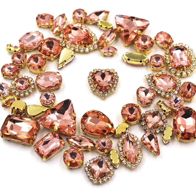 50pcs/Bag Shiny Mixed Shape Sew On Glass Rhinestone Gold Claw Crystal Buckle DIY Decoration 24 Colours