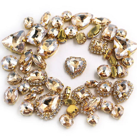 50pcs/Bag Shiny Mixed Shape Sew On Glass Rhinestone Gold Claw Crystal Buckle DIY Decoration 24 Colours