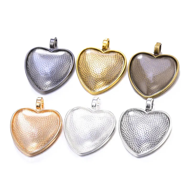 Ten Heart Cabochon Pendant Bases 25mm Alloy Bezel Trays DIY Jewellery Making Supplies