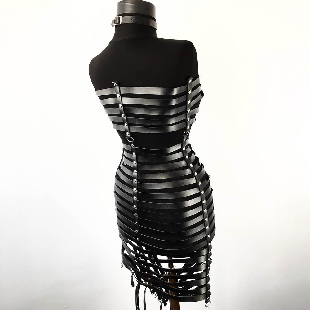 Gothic Faux Leather Long Black Strapped Corset Skirt