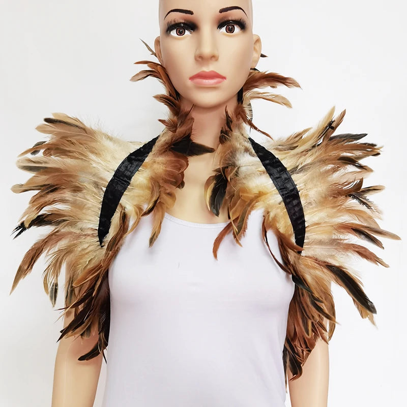 Black Rooster Feather Shrug Gothic Collar with Ribbon Ties