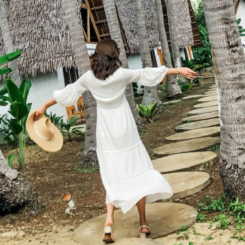 Dove's White Boho Lantern Sleeve Cotton Lace Dress
