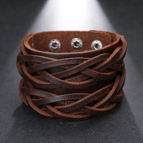 Braided Handmade Genuine Leather Bracelet Wide Wrist Cuff