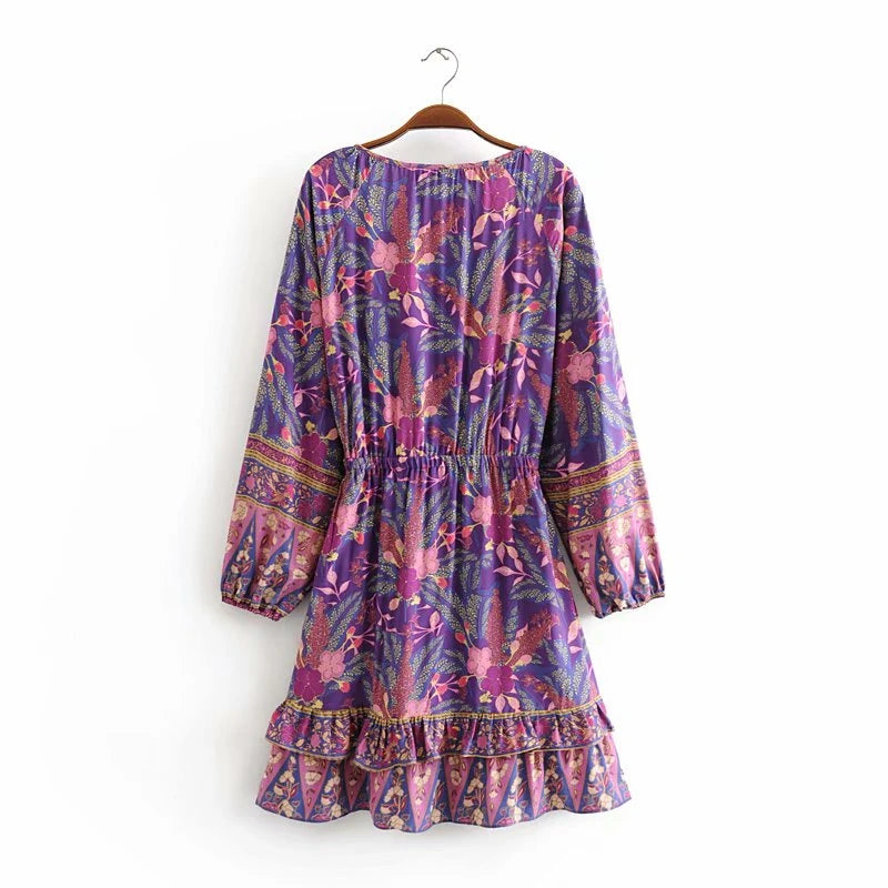 Elhiza's Purple Boho Mini Dress Lantern Sleeve