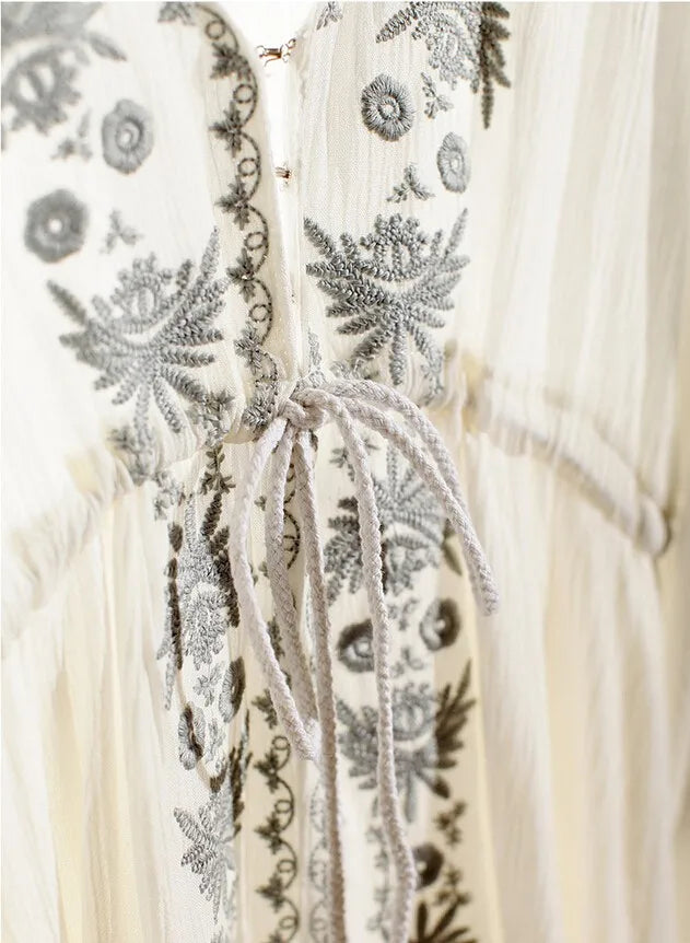 Laney's Long Sleeve Vintage Embroidered Cotton Boho Dress