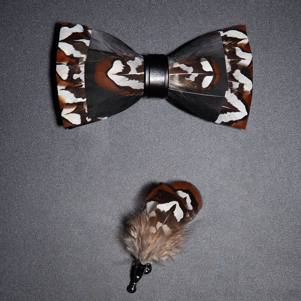 Men's Bow Tie & Pin Set Handmade Natural Feather Gift Box