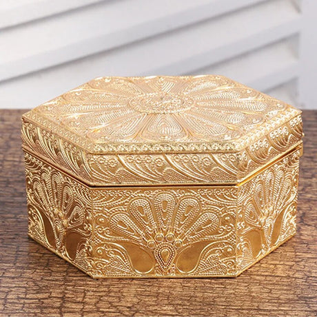 Golden Peacock Hexagonal Metal Jewellery Box