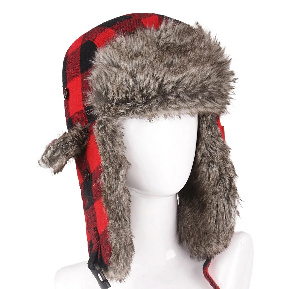 Woodland Woodsmen Red Plaid Winter Hats Faux Fur Bomber Warm Earflaps