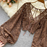 Lace Crop Top Black/White/Brown Long Lantern Sleeve