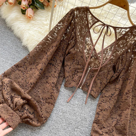 Lace Crop Top Black/White/Brown Long Lantern Sleeve