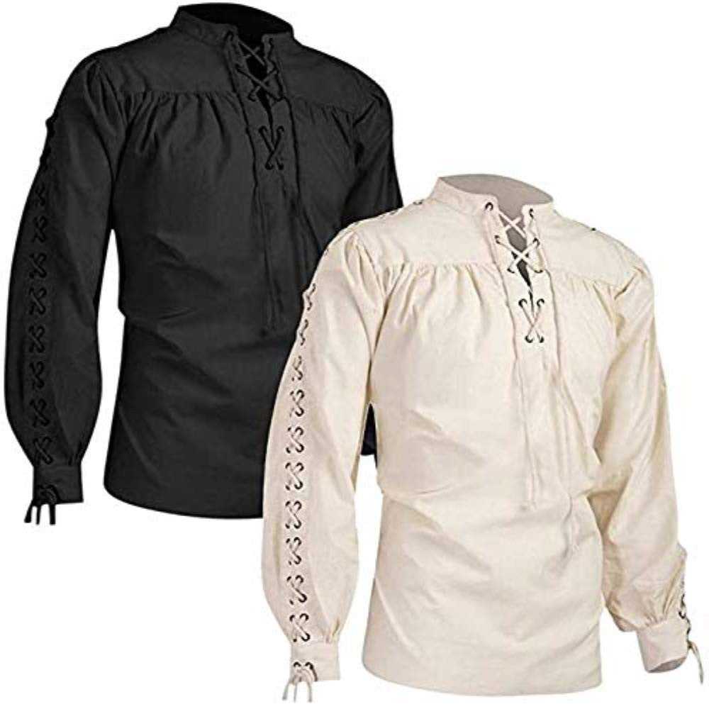 Men Tunic Shirts Viking Pirate Costume Gothic Clothes Drawstring Knight Cosplay Top