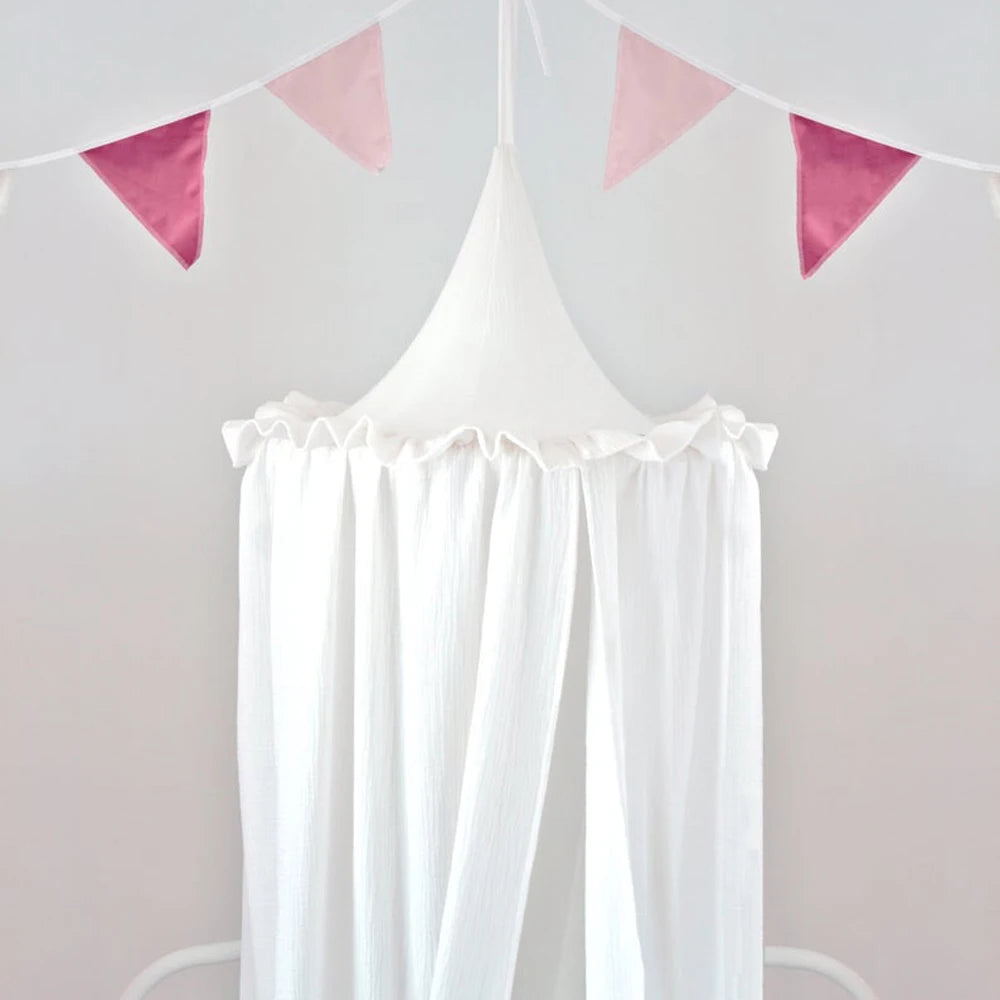 Muslin Cotton Hanging Canopy with Frills Bed Baldachin for Kids Room