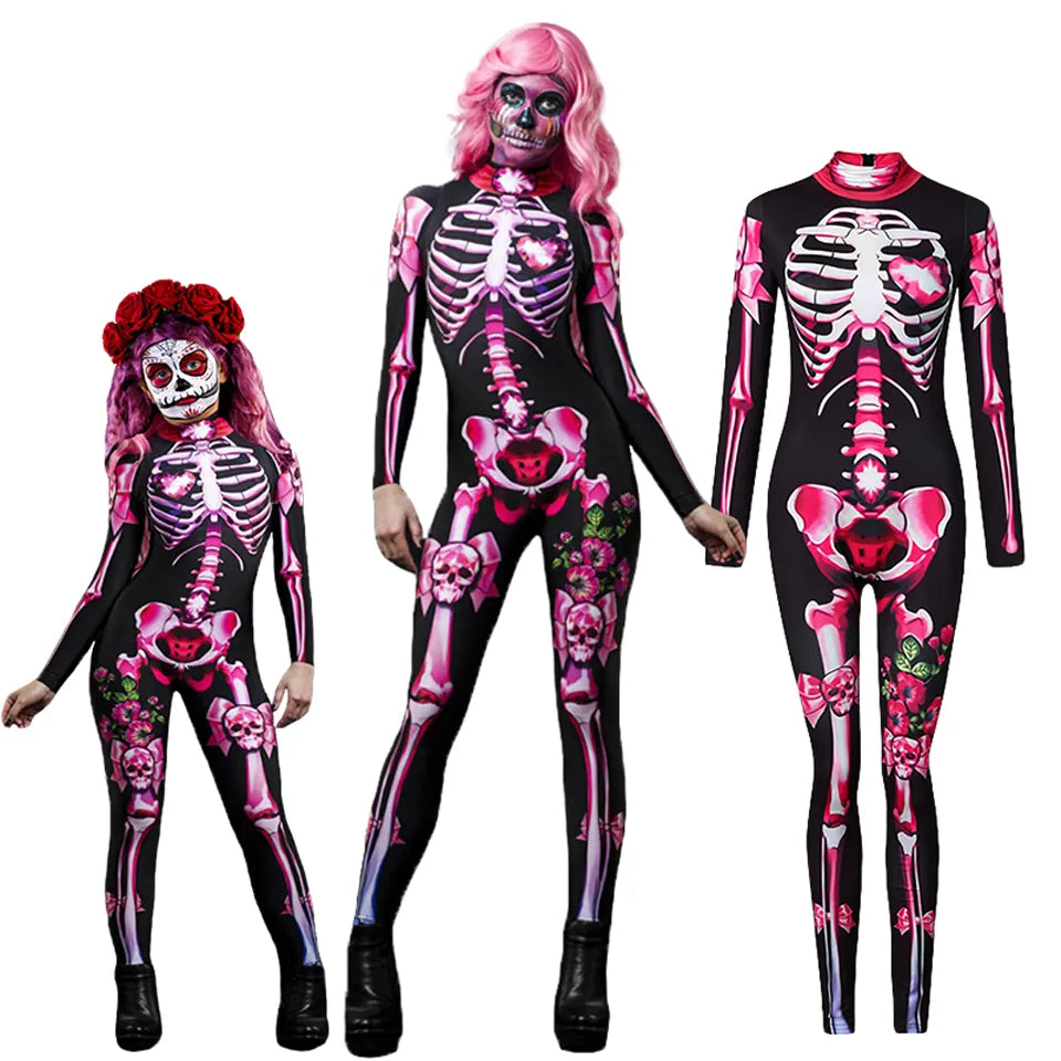 Day of the Dead Skeleton Bodycon Halloween Costume Adult Kids One Piece Rose Bodysuit
