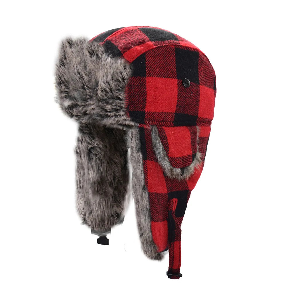 Woodland Woodsmen Red Plaid Winter Hats Faux Fur Bomber Warm Earflaps