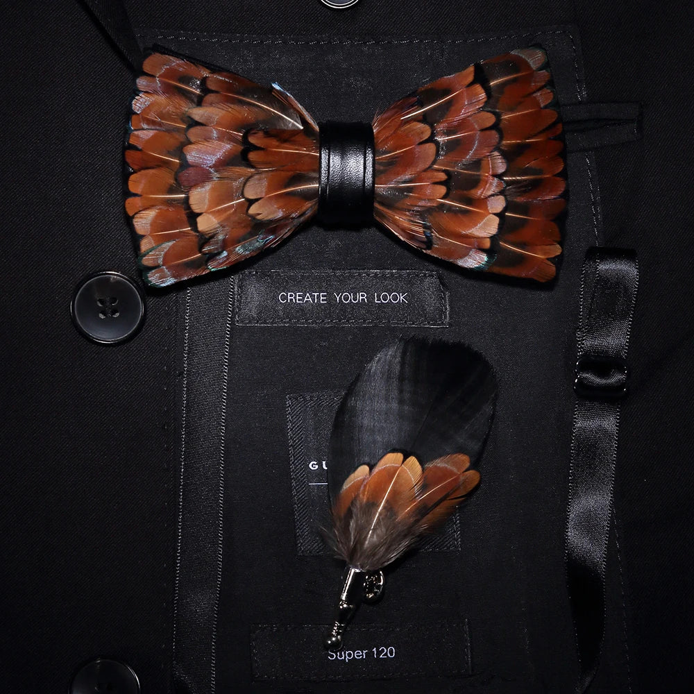 Men's Bow Tie & Pin Set Handmade Natural Feather Gift Box