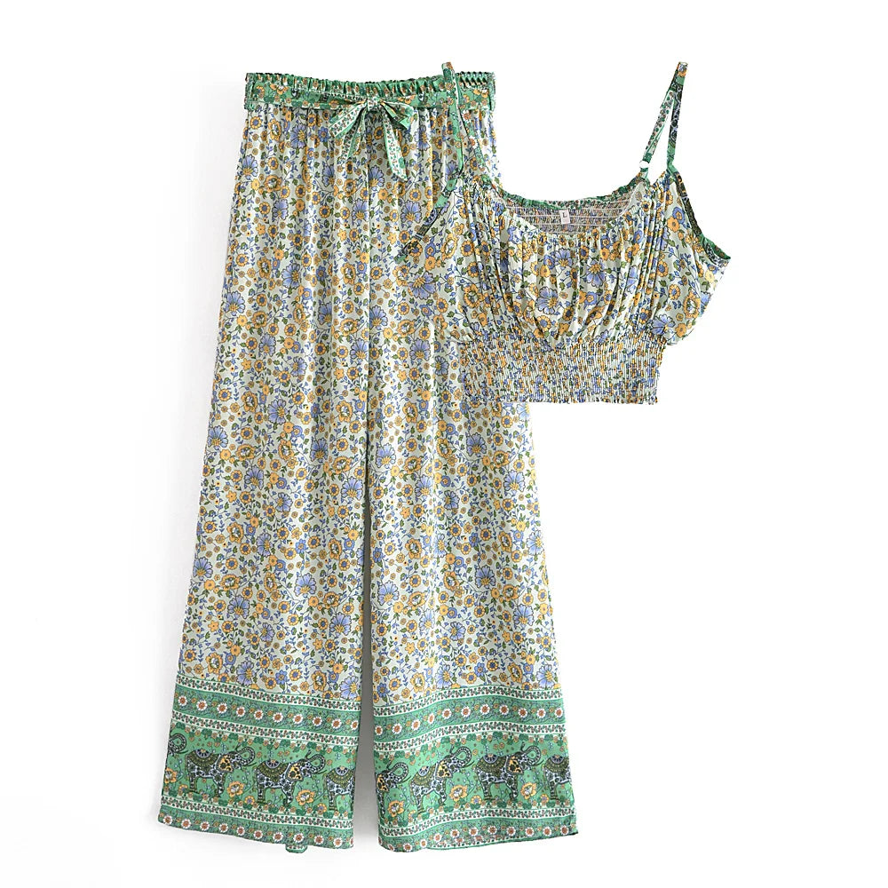 Fern's Boho Two Piece Summer Wide Leg Pant and Camisole Sets