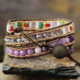 Violet Heart Leather Wrap Bracelets Amethysts 3 Strands Cuff Bracelet