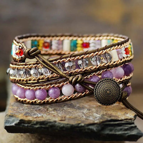 Violet Heart Leather Wrap Bracelets Amethysts 3 Strands Cuff Bracelet