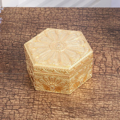 Golden Peacock Hexagonal Metal Jewellery Box