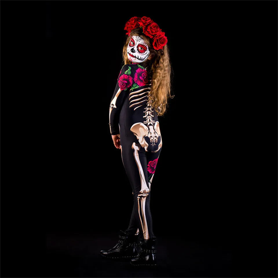 Day of the Dead Skeleton Bodycon Halloween Costume Adult Kids One Piece Rose Bodysuit