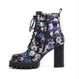 Purple Flower Print Platform Thick Heel Ankle Boots
