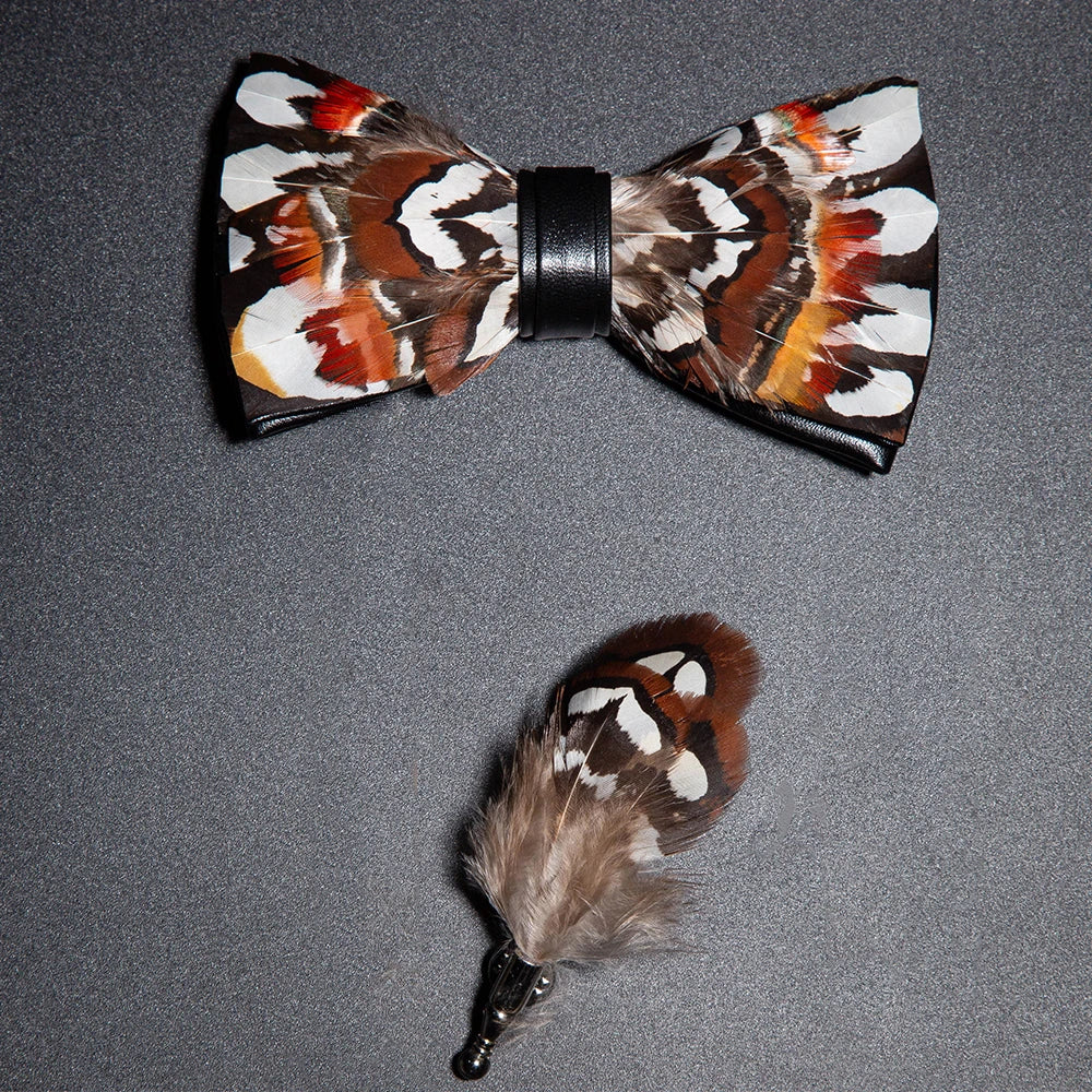 Men's Bow Tie & Pin Set Handmade Natural Feather Gift Box