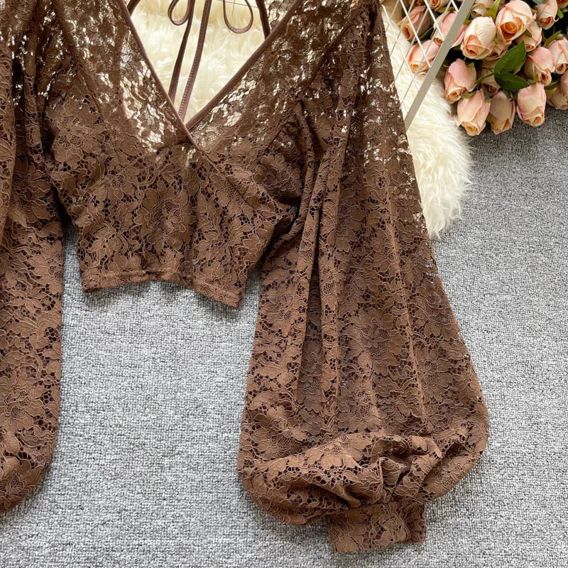 Lace Crop Top Black/White/Brown Long Lantern Sleeve