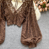 Lace Crop Top Black/White/Brown Long Lantern Sleeve