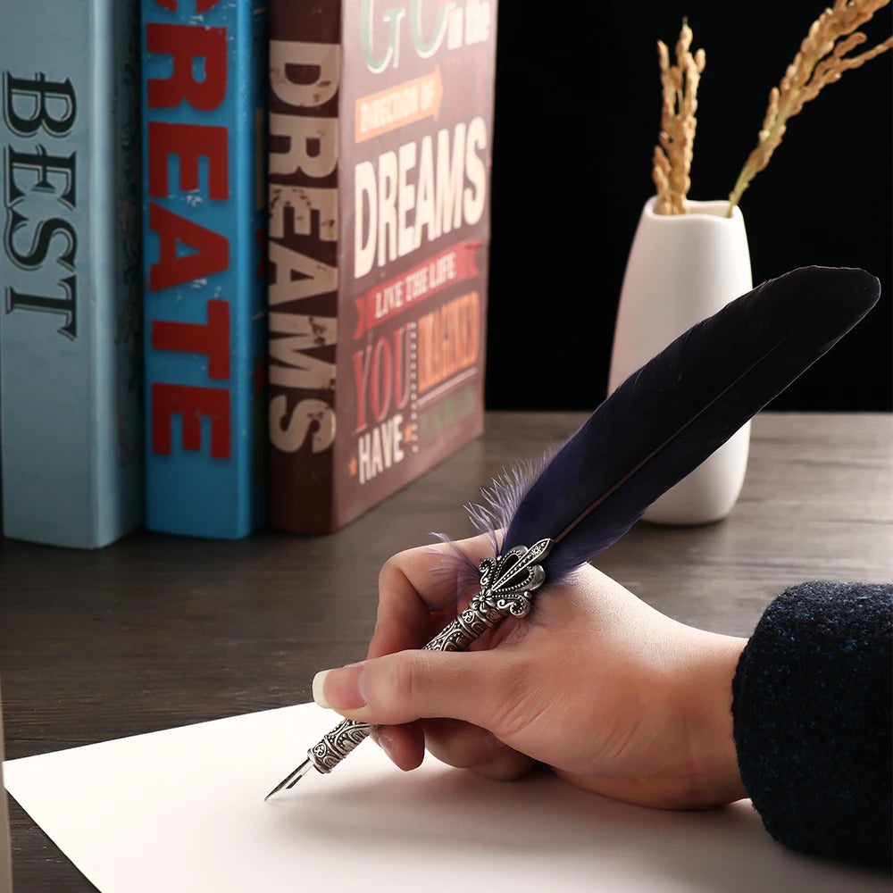 Feather Calligraphy Dip Pen Writing Set with 5 Nibs