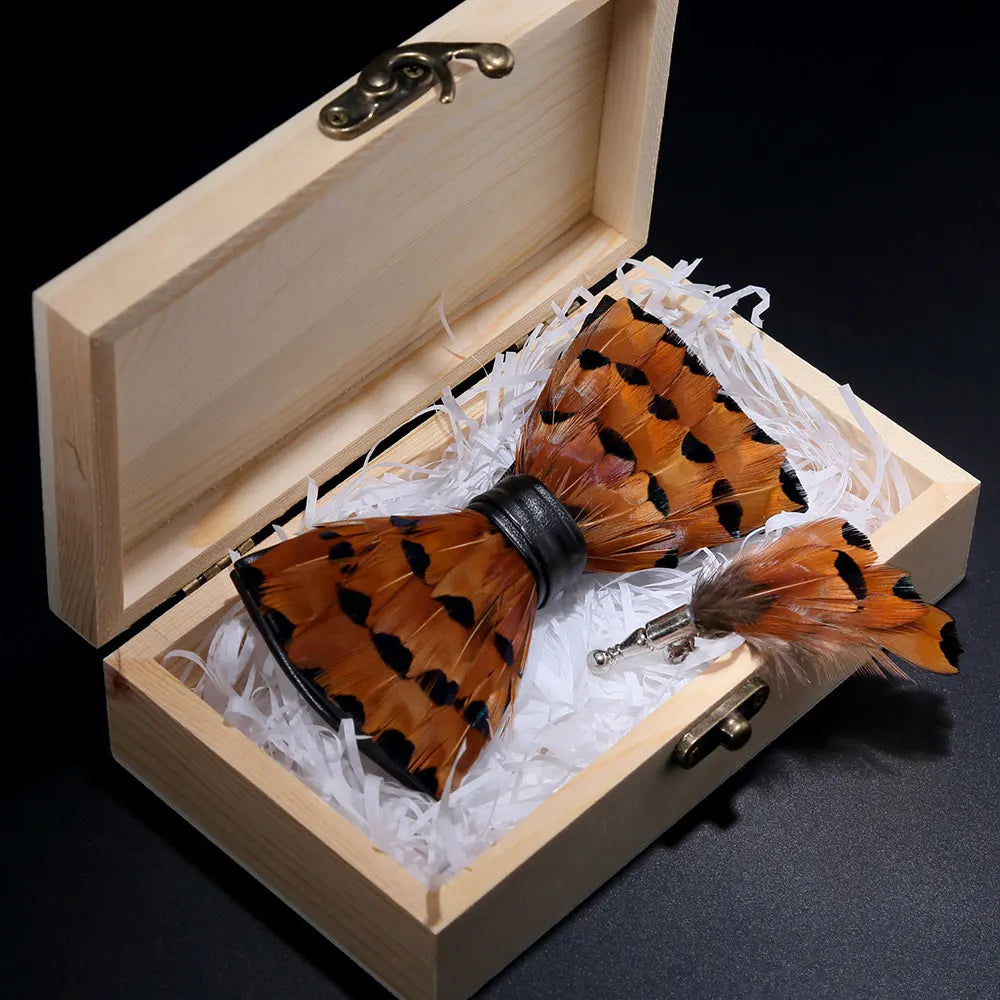Handmade Woodland Feather Bow Ties & Lapel Pin Gift Box Set